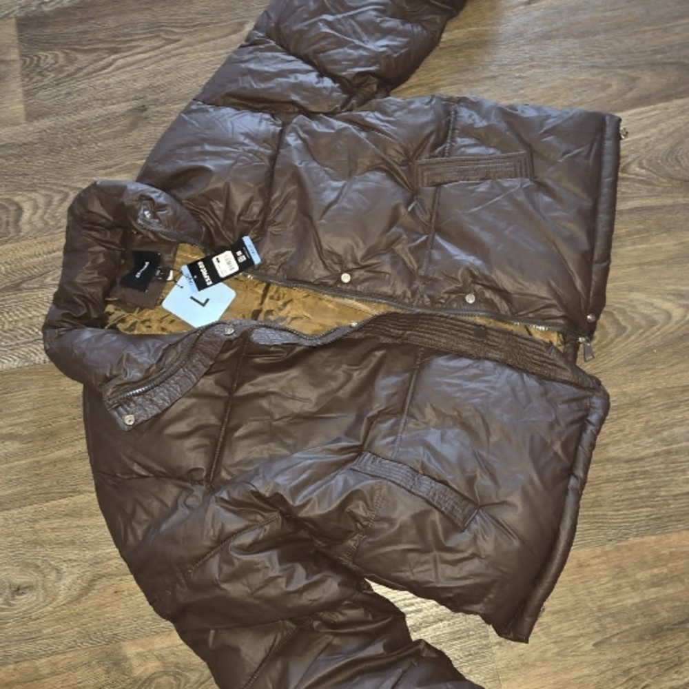 Express Brown Quilted Puffer Coat with High Collar